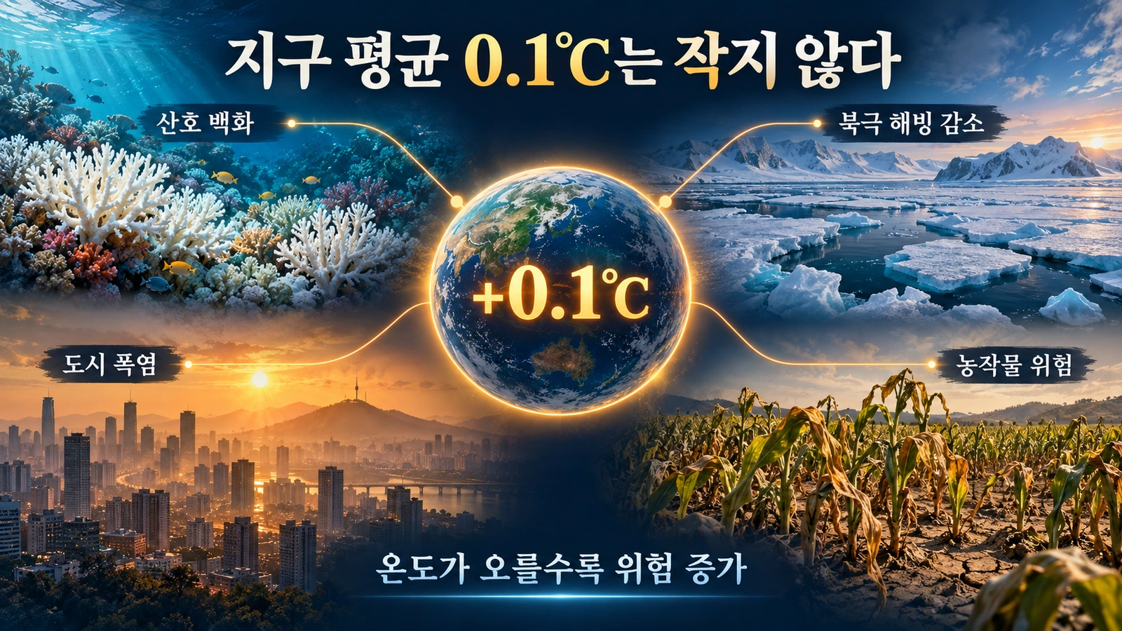 `지구 평균기온 0.1도 상승이 산호초와 북극 해빙, 폭염과 식량에 미치는 영향을 설명한 그림`