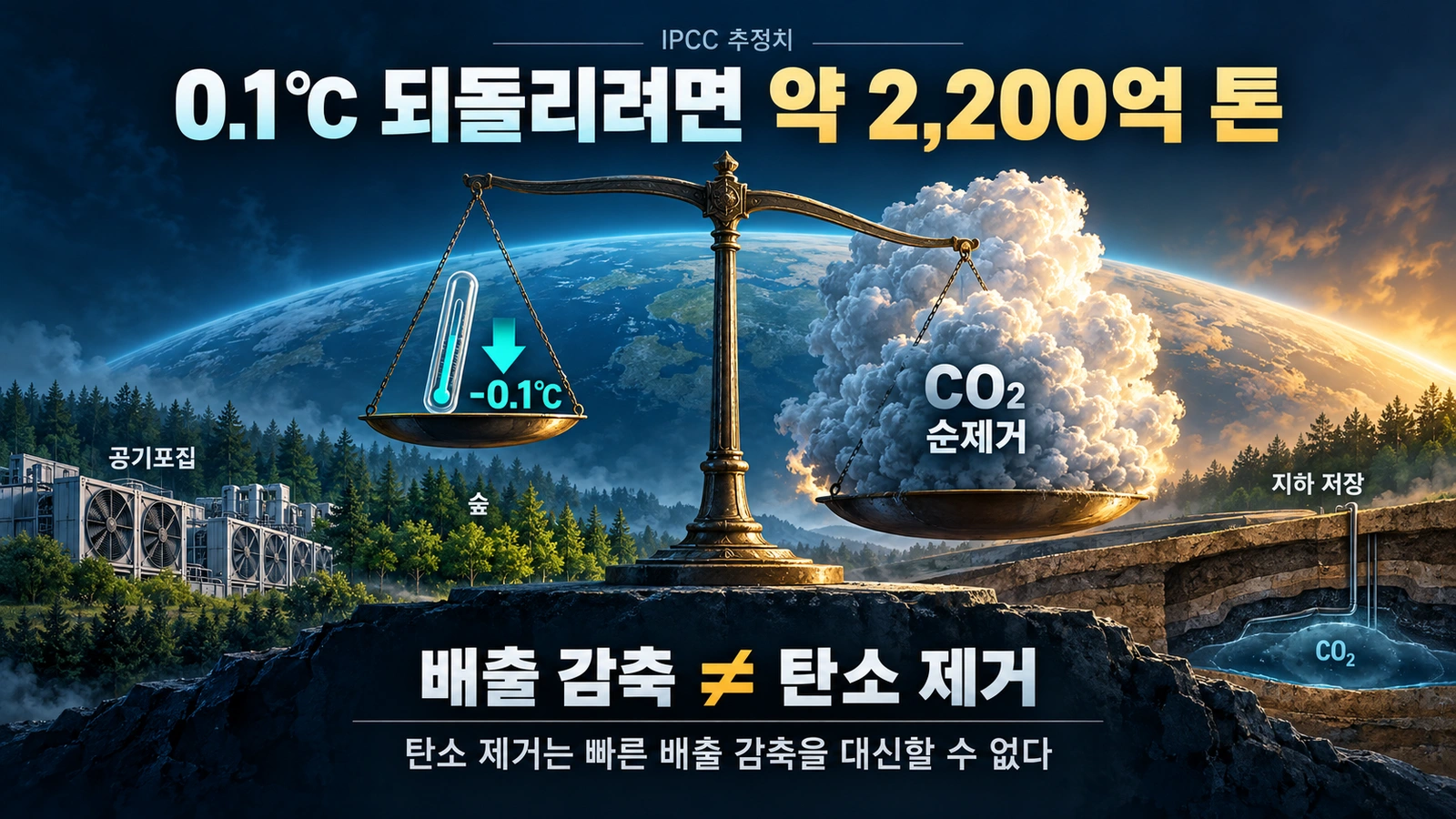 `탄소 제거로 지구 평균기온 0.1도를 낮추는 데 필요한 이산화탄소 제거량을 설명한 인포그래픽`