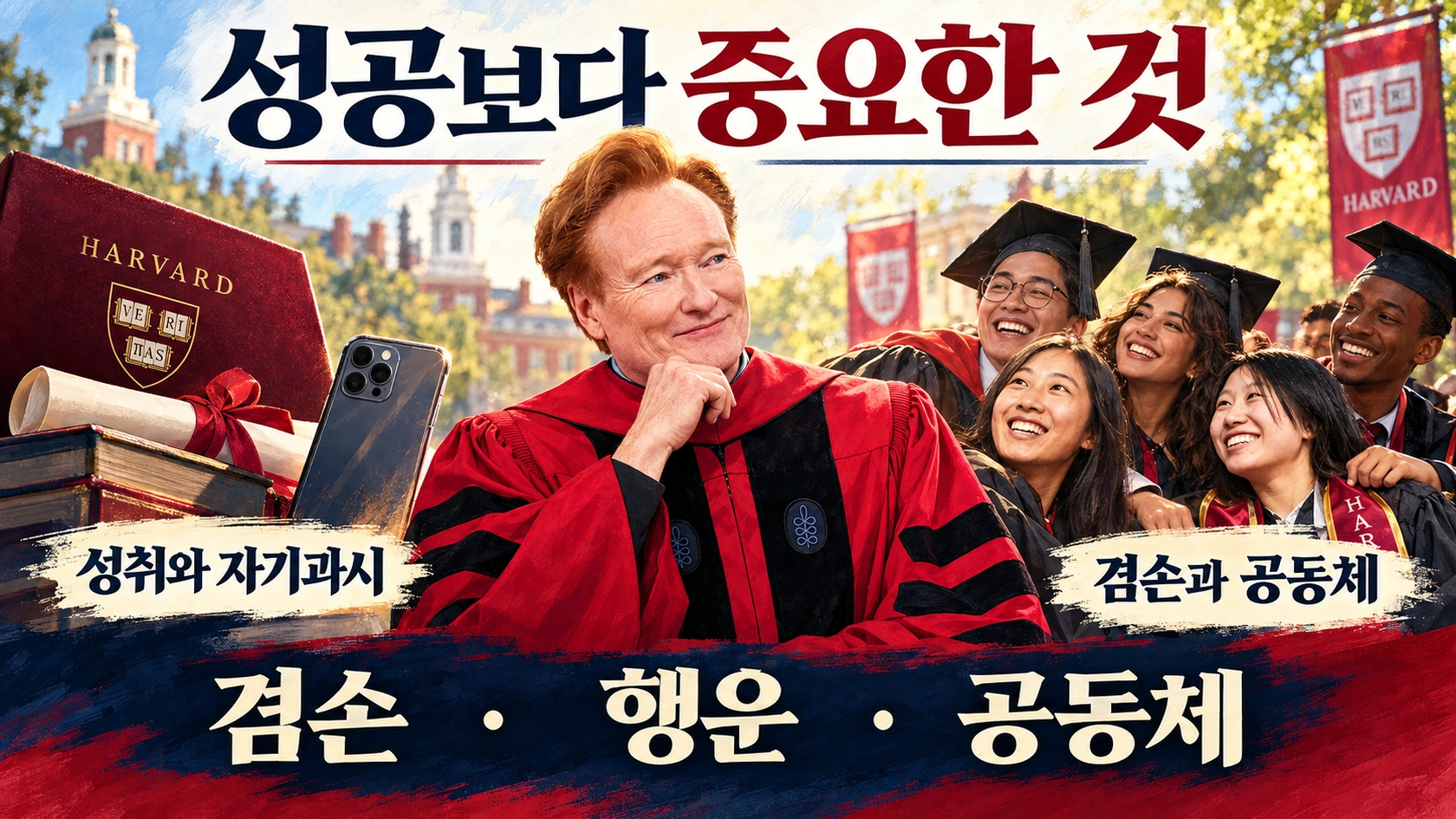 코난 오브라이언의 하버드 연설 핵심인 성공과 행운, 겸손과 공동체를 표현한 일러스트