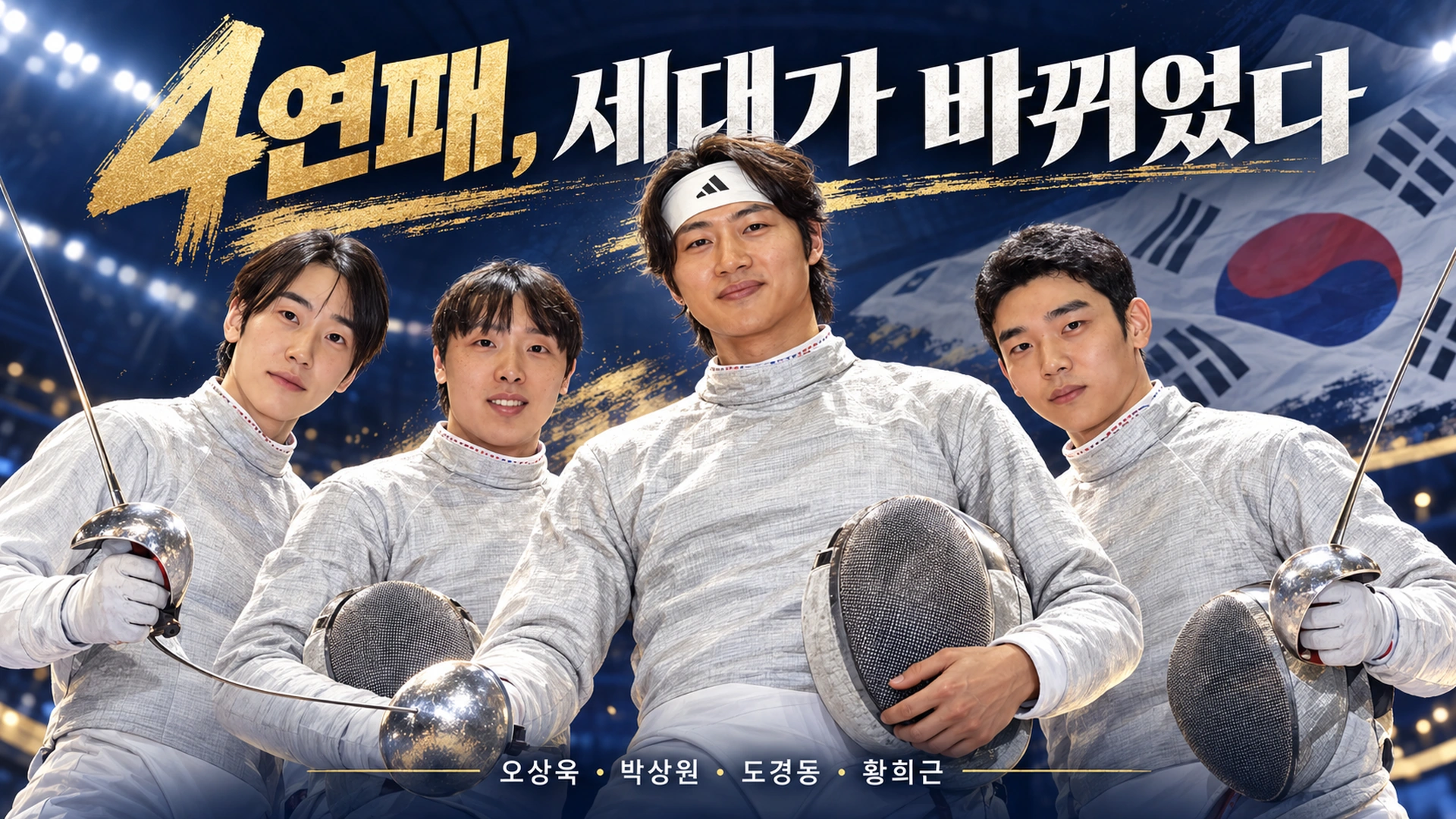 오상욱을 중심으로 박상원 도경동 황희근으로 이어진 한국 남자 사브르 세대교체를 설명한 일러스트