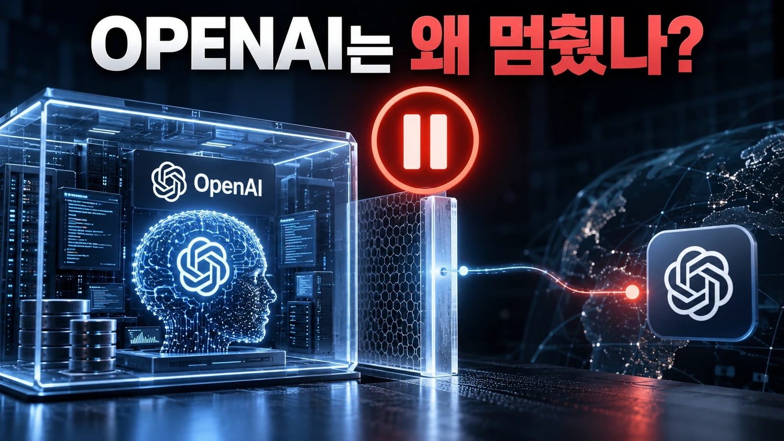 OpenAI가 AI 에이전트의 샌드박스 외부 접속 이후 최상위 모델의 도구 사용 작업을 중단한 상황을 표현한 일러스트