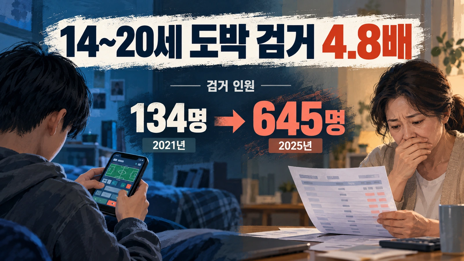 청소년 온라인 도박 증가와 부모가 확인할 위험 신호를 표현한 일러스트