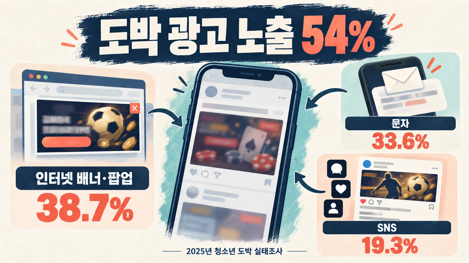 인터넷 광고 문자메시지 SNS를 통해 청소년이 도박 광고에 노출되는 경로를 보여주는 인포그래픽