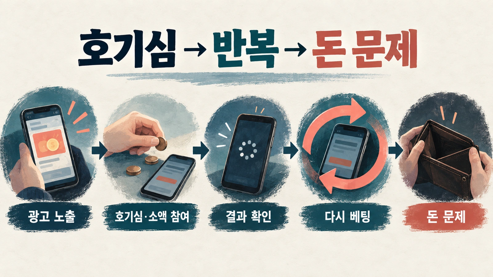 청소년이 소액 온라인 도박에서 반복 베팅과 돈 문제로 이어질 수 있는 과정을 설명한 흐름도