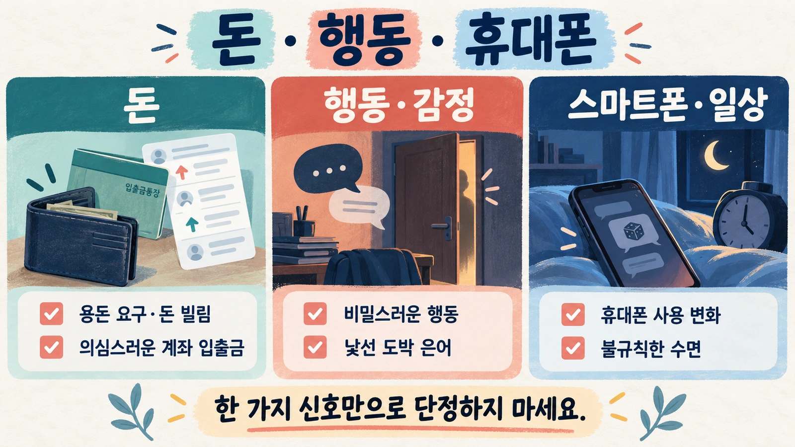 부모가 확인할 수 있는 청소년 도박 위험 신호를 돈 행동 휴대폰 생활 변화로 구분한 그림
