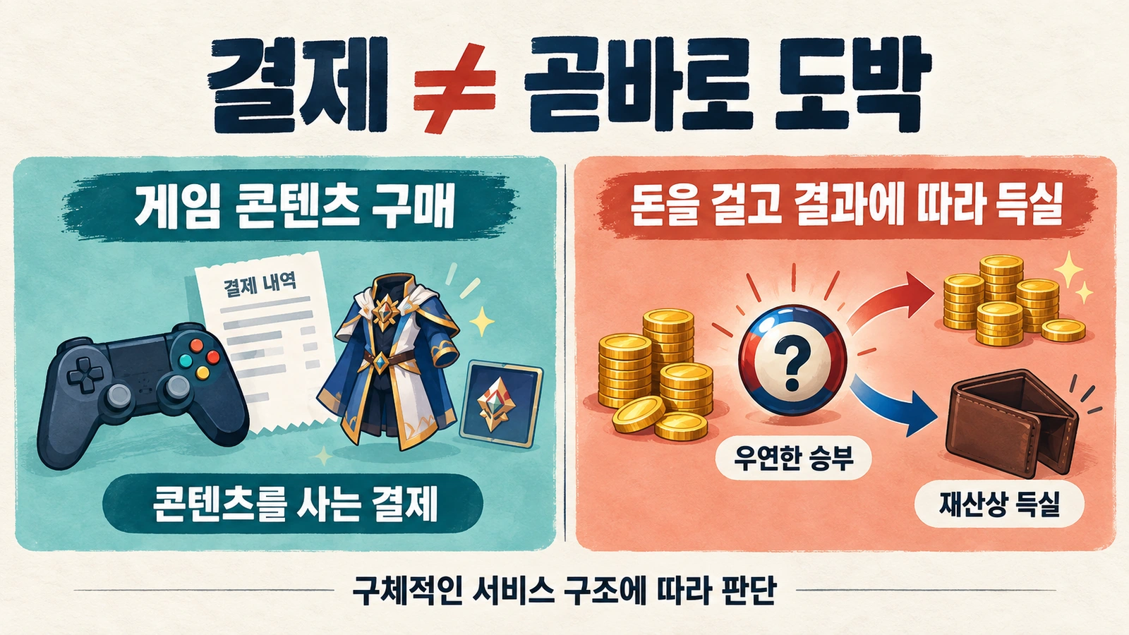 일반 게임 결제와 돈을 걸고 우연한 결과에 따라 재산상 이익을 얻거나 잃는 도박의 차이를 설명한 비교 그림