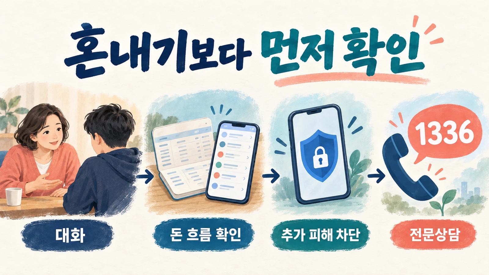 자녀의 도박 문제를 발견했을 때 부모가 대화 계좌 확인 전문상담으로 이어가는 대응 순서를 보여주는 흐름도