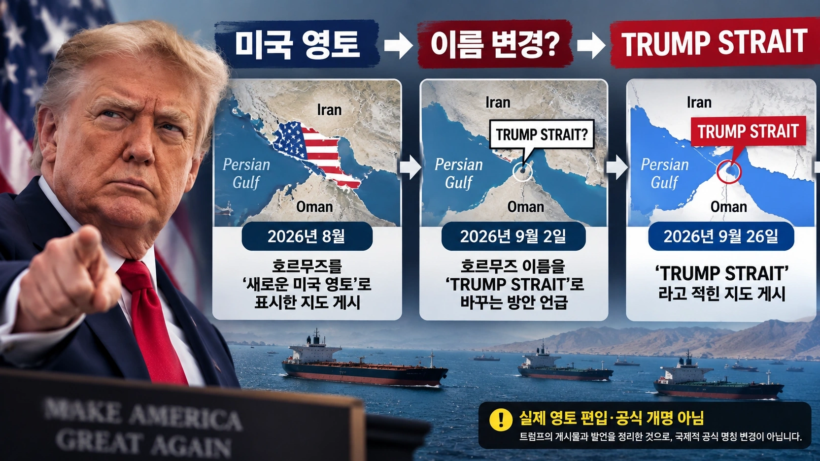 트럼프 대통령이 호르무즈 해협을 미국 통제와 트럼프 해협으로 표현해 온 과정을 정리한 타임라인
