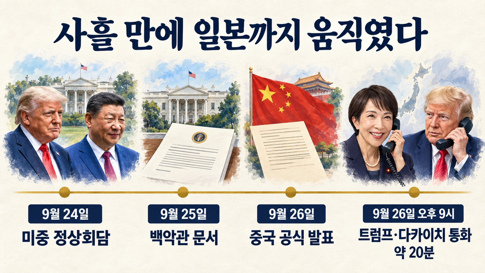 미중 정상회담부터 트럼프 다카이치 전화회담까지 사흘간의 흐름을 정리한 타임라인