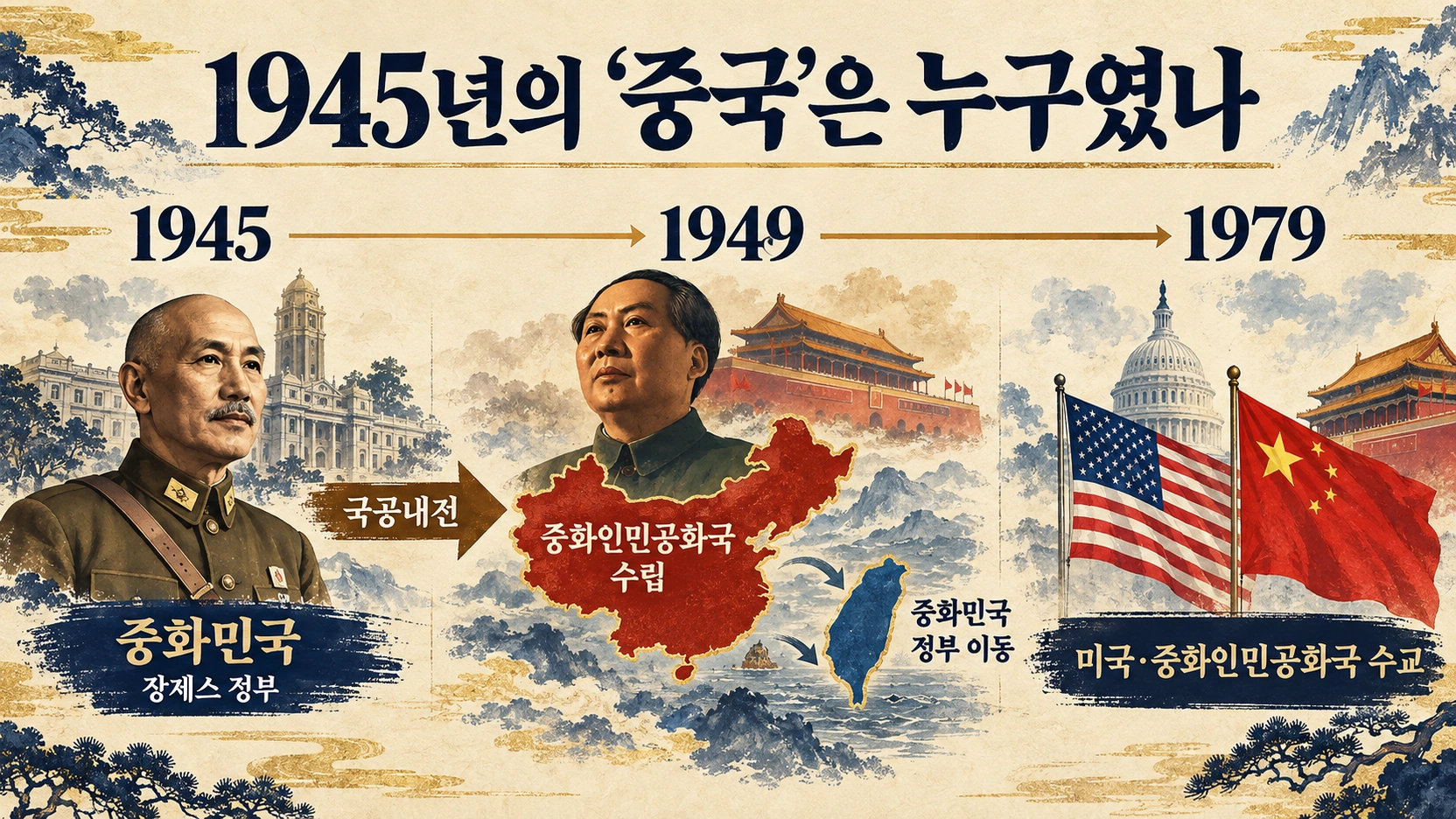 2차대전 당시 중화민국과 1949년 중화인민공화국 수립 과정을 설명한 역사 타임라인