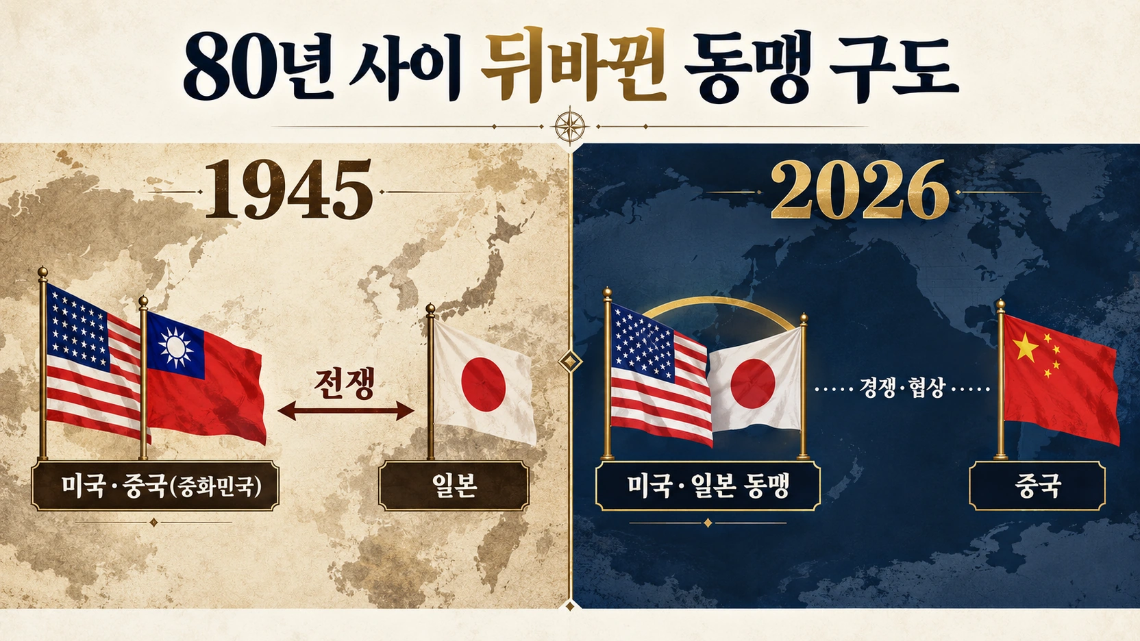 2차대전 당시 미국 중국 대 일본 구도와 현재 미국 일본 동맹 구도를 비교한 인포그래픽