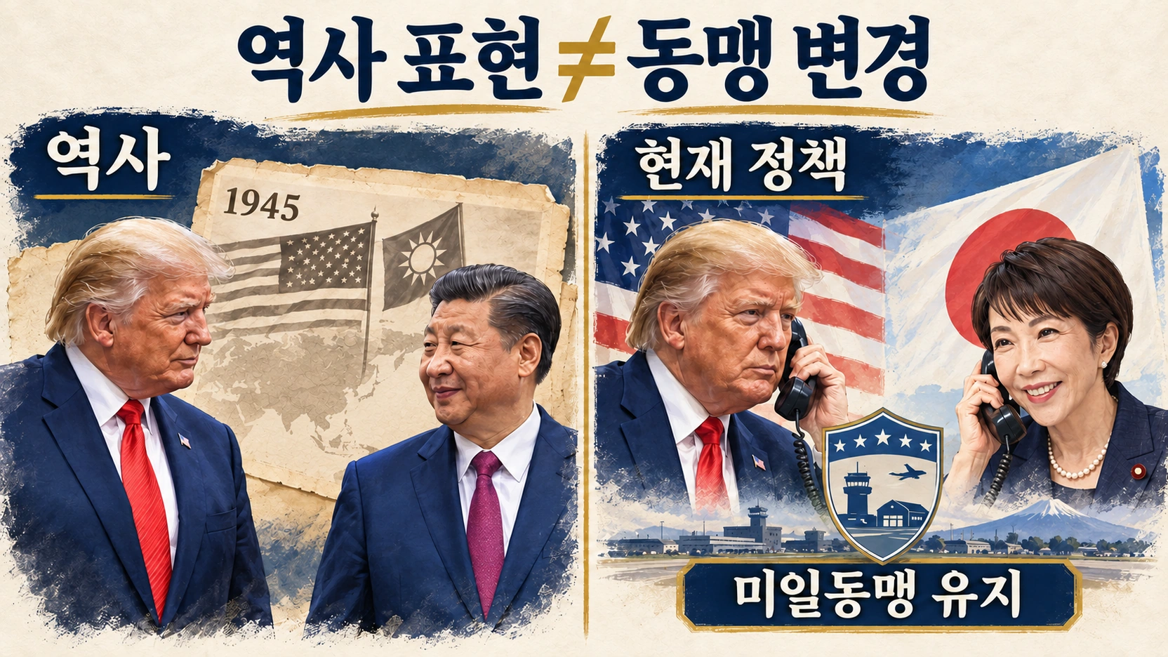 미중 2차대전 동맹 표현과 현재 미일동맹의 실제 정책을 구분한 비교 이미지