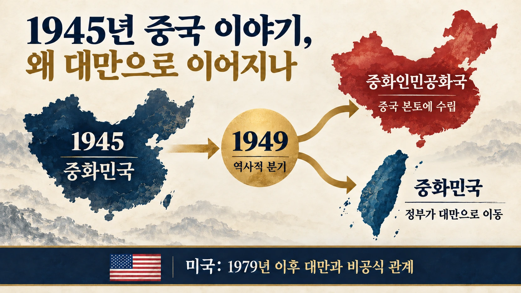 1945년 중화민국과 2026년 중국 대만 문제의 역사적 연결을 설명한 구조도