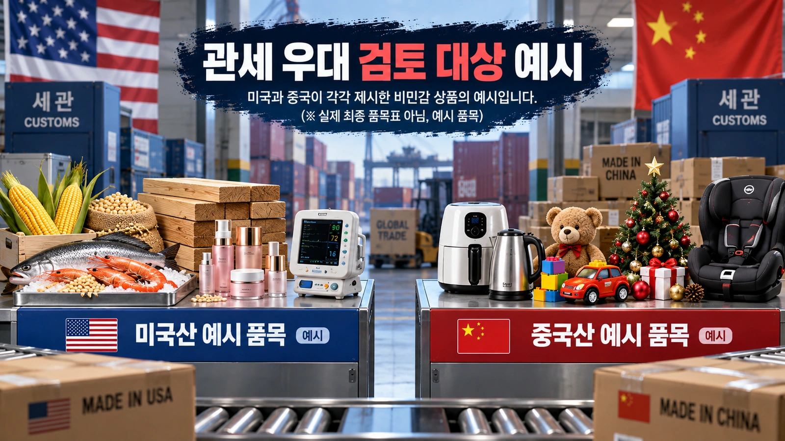 미국산 농산물과 중국산 소형가전 등 미중 관세 우대 대상 비민감 품목 예시를 양쪽 상품 진열로 비교한 이미지