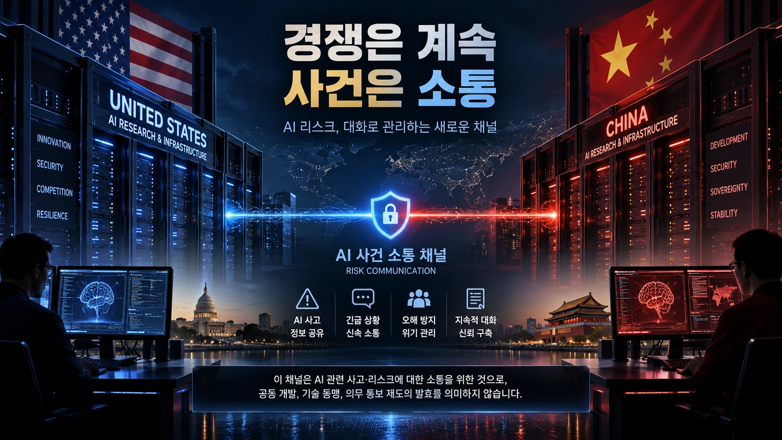 경쟁 중인 미국과 중국의 AI 시스템 사이에 사건 소통 채널을 연결해 위험 관리 구조를 설명한 에디토리얼 이미지
