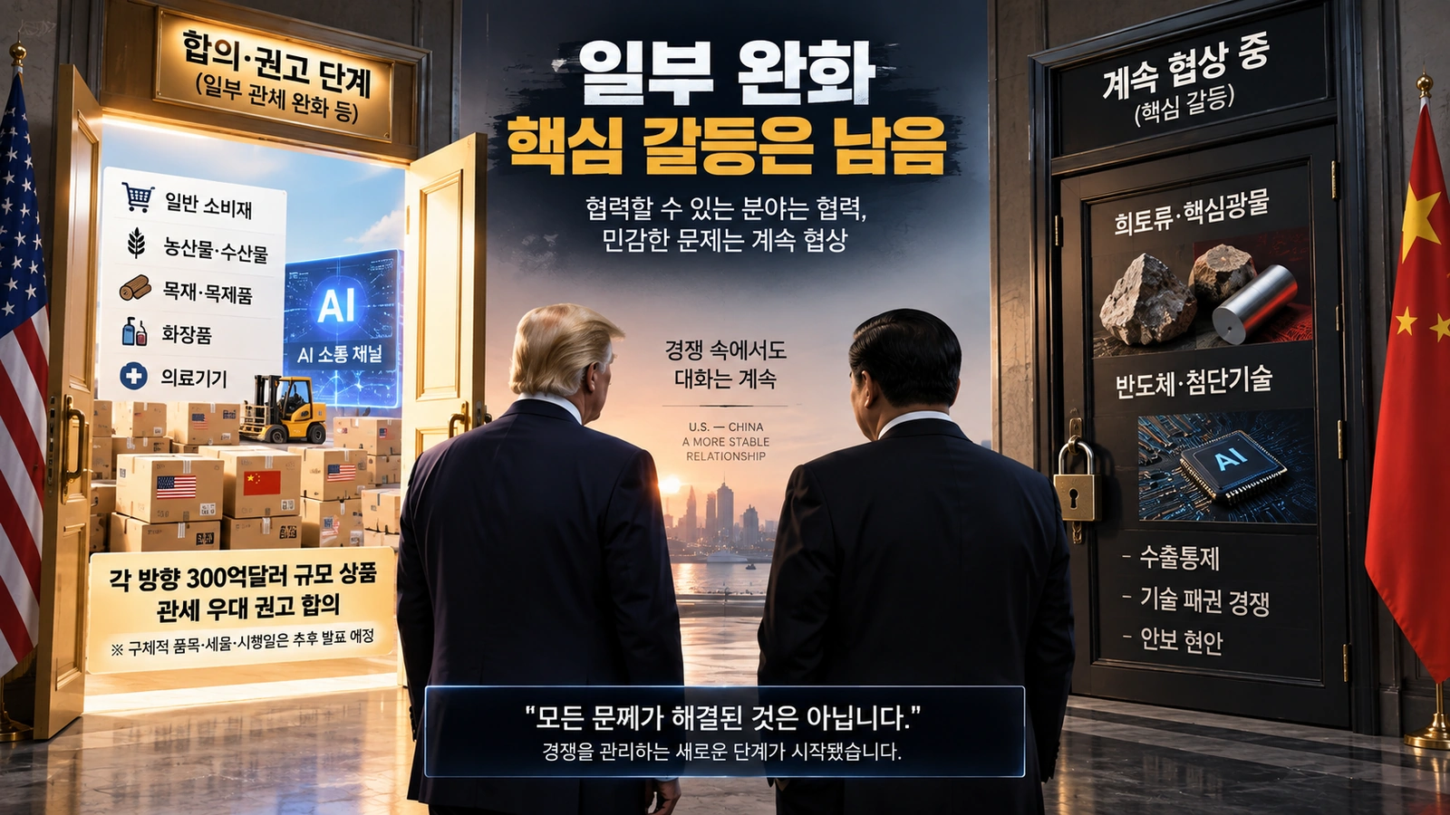 미중 정상회담에서 합의된 비민감 상품 관세 우대와 AI 소통 분야, 그리고 남은 희토류·반도체 갈등을 양쪽 문으로 대비한 이미지