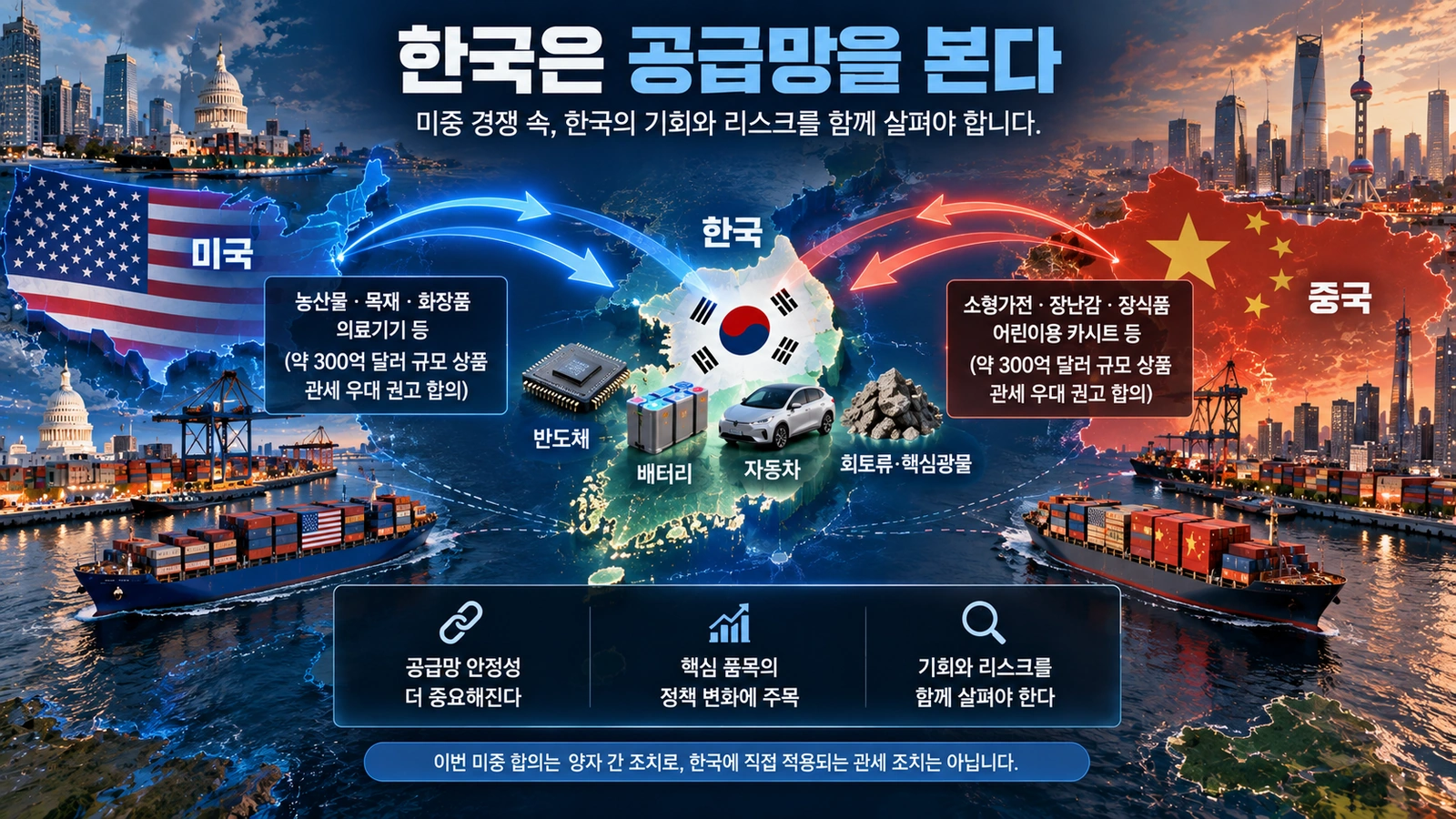 미국과 중국 사이의 희토류·반도체·AI 갈등이 한국의 반도체·배터리·자동차 공급망으로 이어지는 관계를 설명한 지도형 이미지