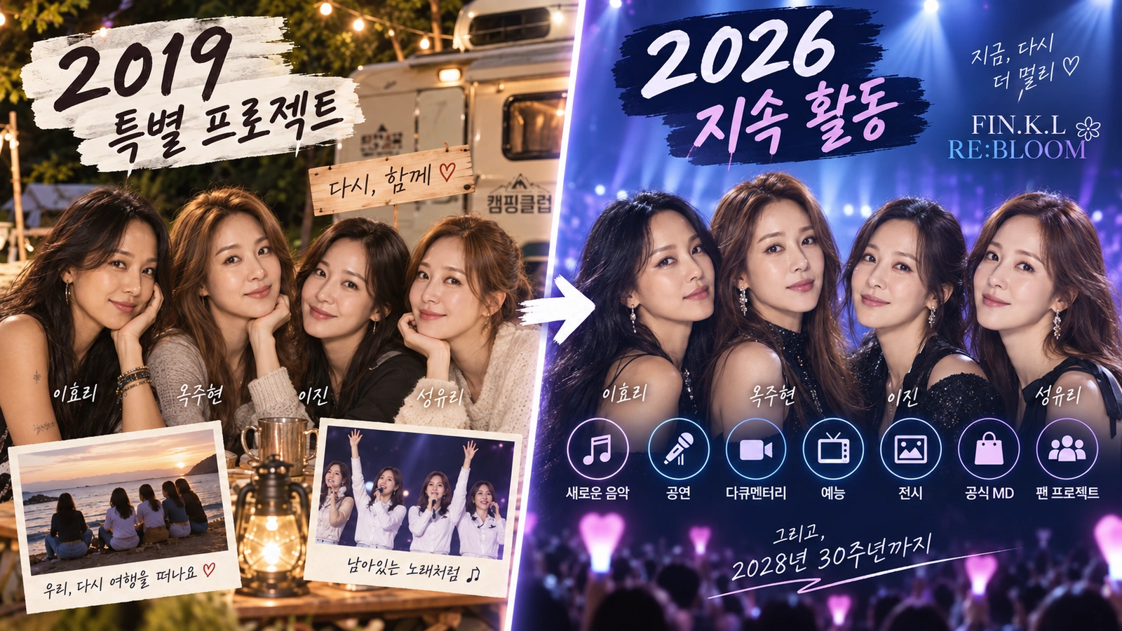 2019년 캠핑클럽 핑클 재회와 2026년 리블룸 장기 프로젝트의 차이를 비교한 인포그래픽