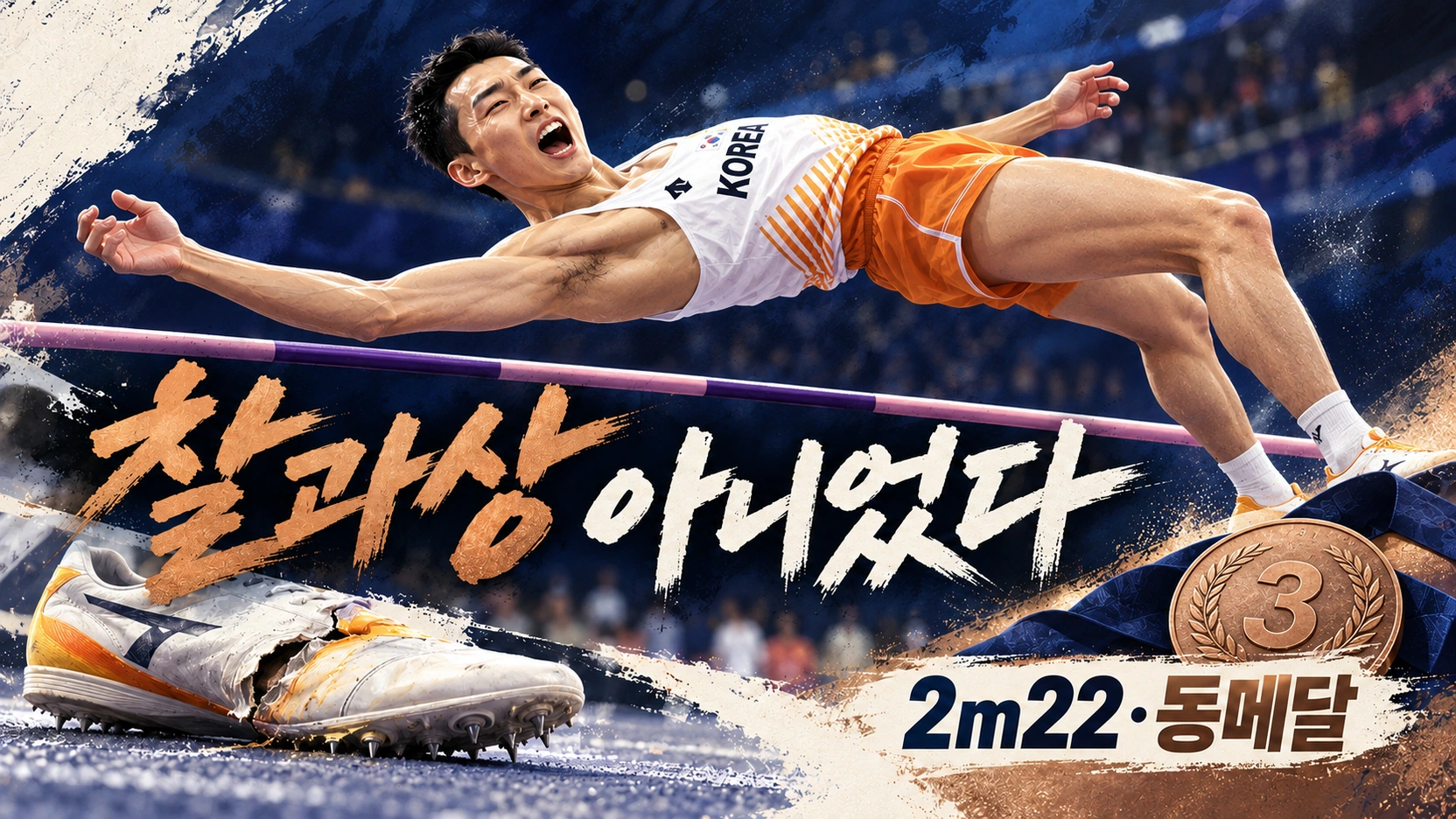 우상혁의 왼발 리스프랑 인대 파열과 아시안게임 높이뛰기 동메달을 표현한 일러스트