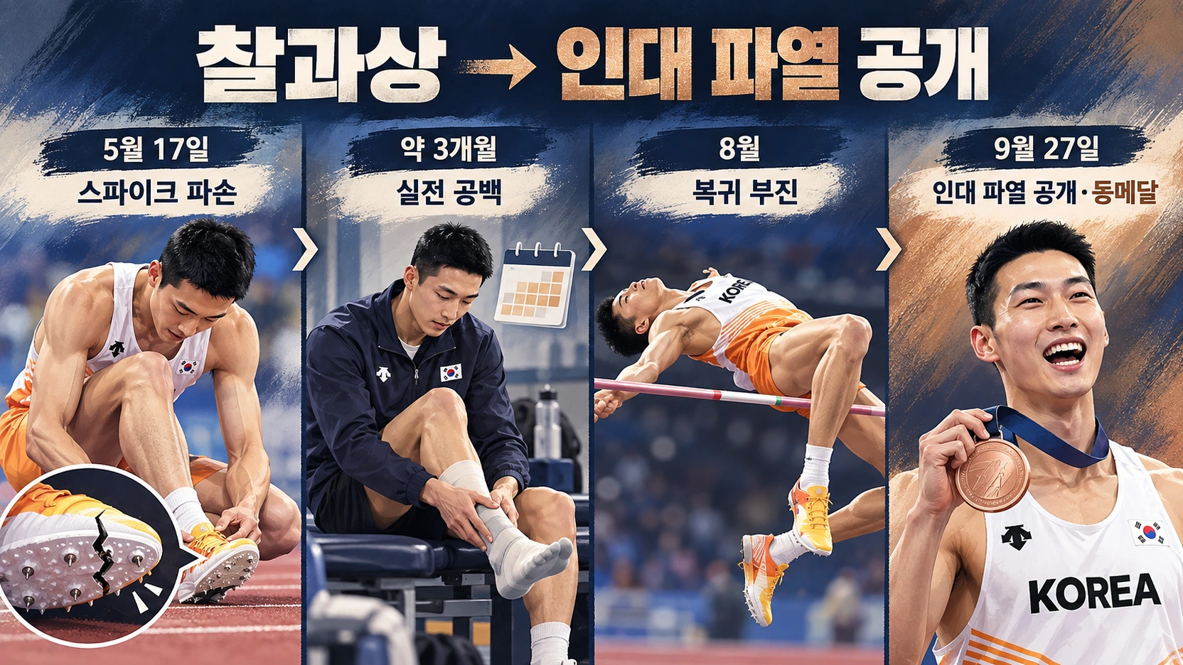 2026년 5월 우상혁의 스파이크 파손부터 9월 아시안게임 동메달까지 부상 경과를 정리한 타임라인