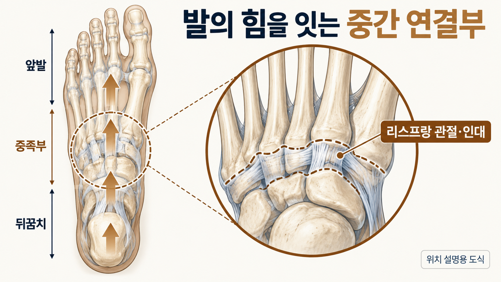 발 가운데 리스프랑 관절과 인대의 위치와 발구름 때 힘이 전달되는 구조를 설명한 그림