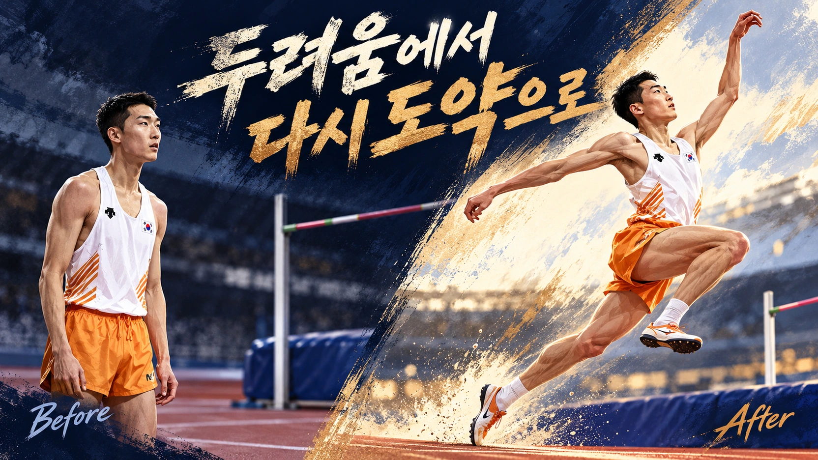 부상 뒤 도약에 대한 두려움에서 아시안게임에서 자신감을 되찾는 우상혁의 변화를 표현한 일러스트
