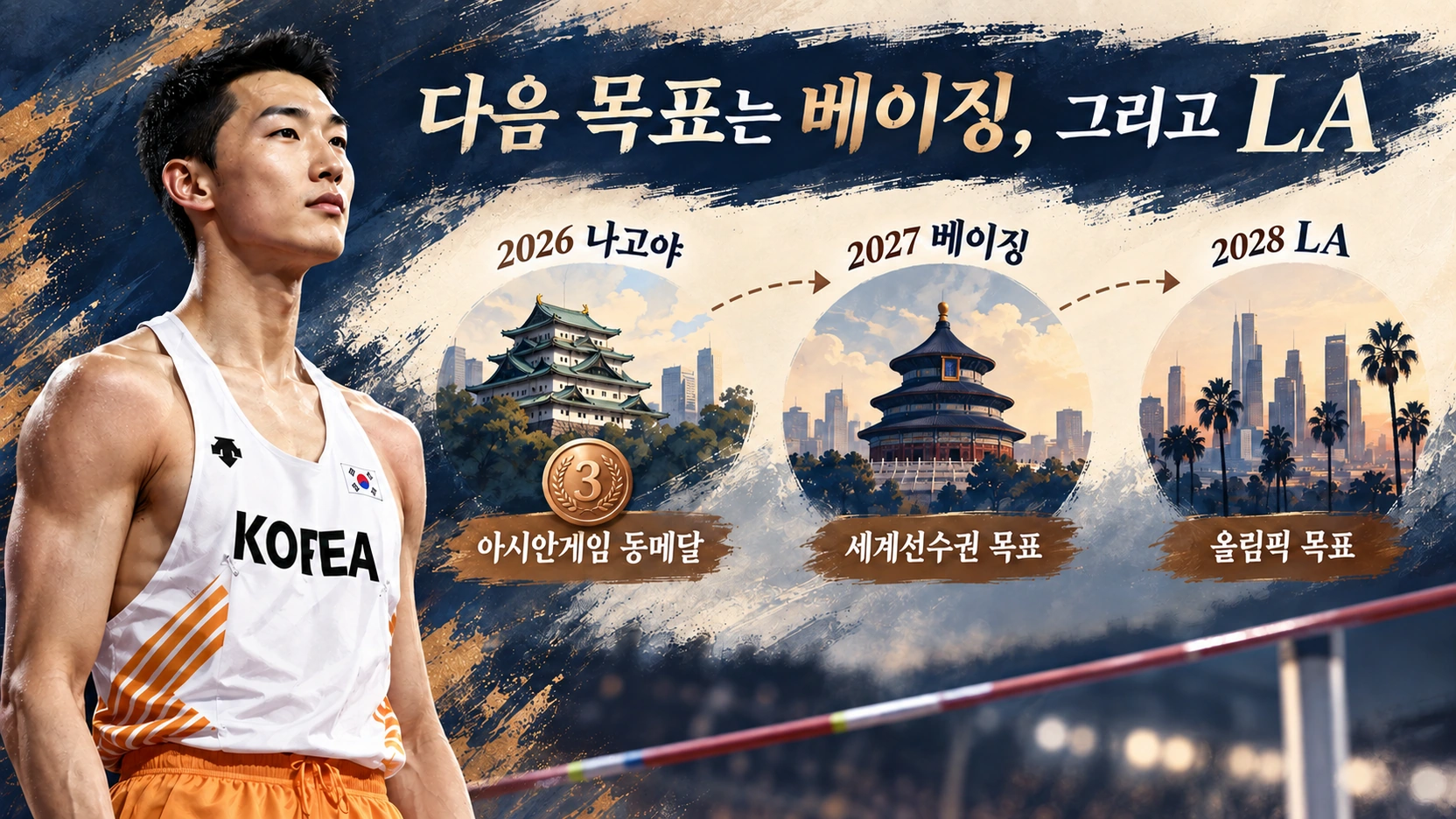 우상혁의 2026 아시안게임에서 2027 베이징 세계선수권과 2028 LA 올림픽으로 이어지는 향후 목표를 정리한 로드맵