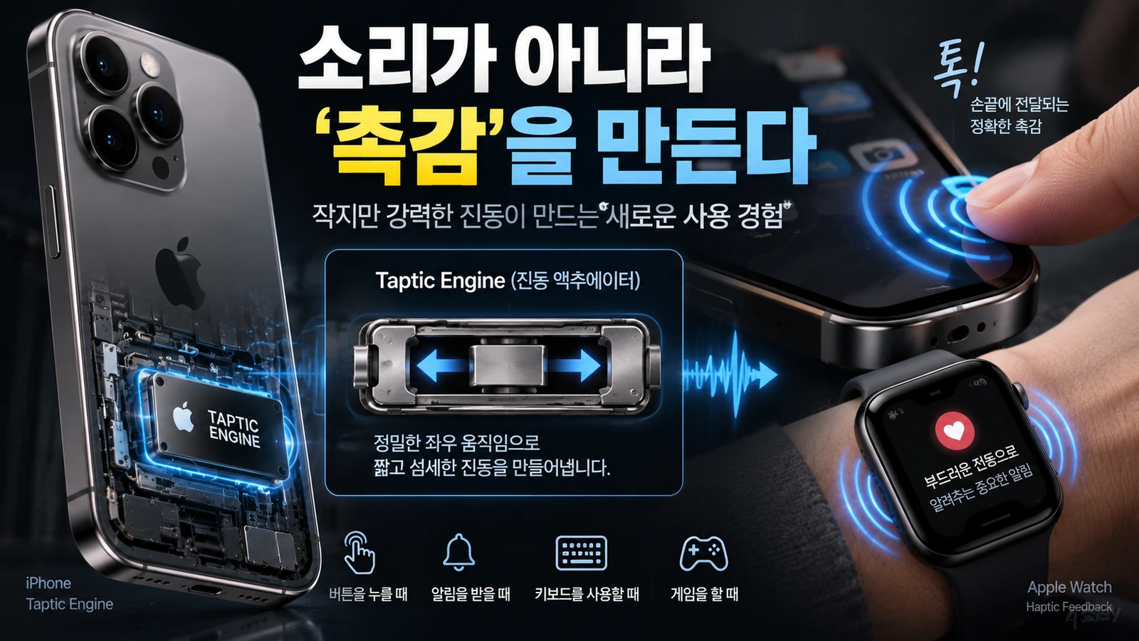 아이폰과 애플워치의 탭틱 엔진이 손끝에 햅틱 진동을 전달하는 원리를 개념적으로 설명한 그림