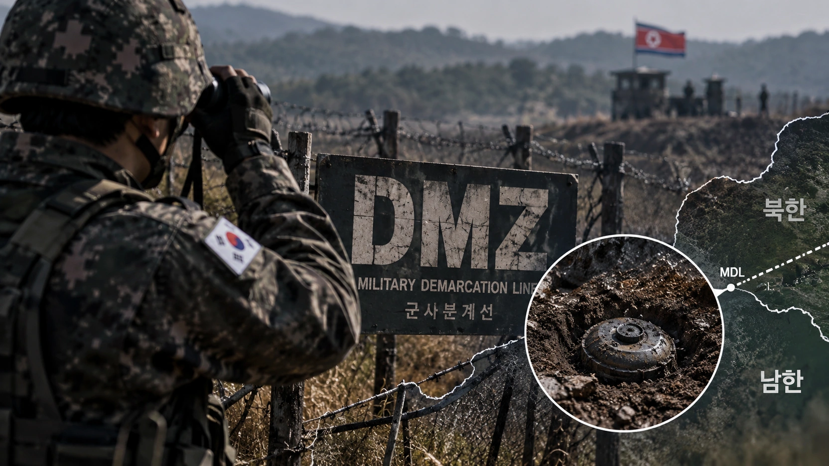 군사분계선 인근 DMZ 지뢰 폭발 사고와 북한군 지뢰 가능성을 표현한 대표 일러스트