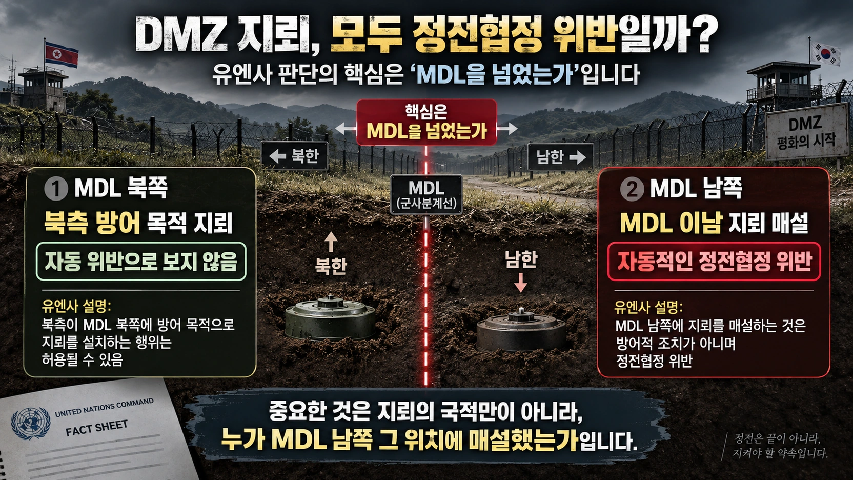 군사분계선 북쪽과 남쪽의 지뢰 매설에 대한 유엔사 판단 차이를 설명한 그림