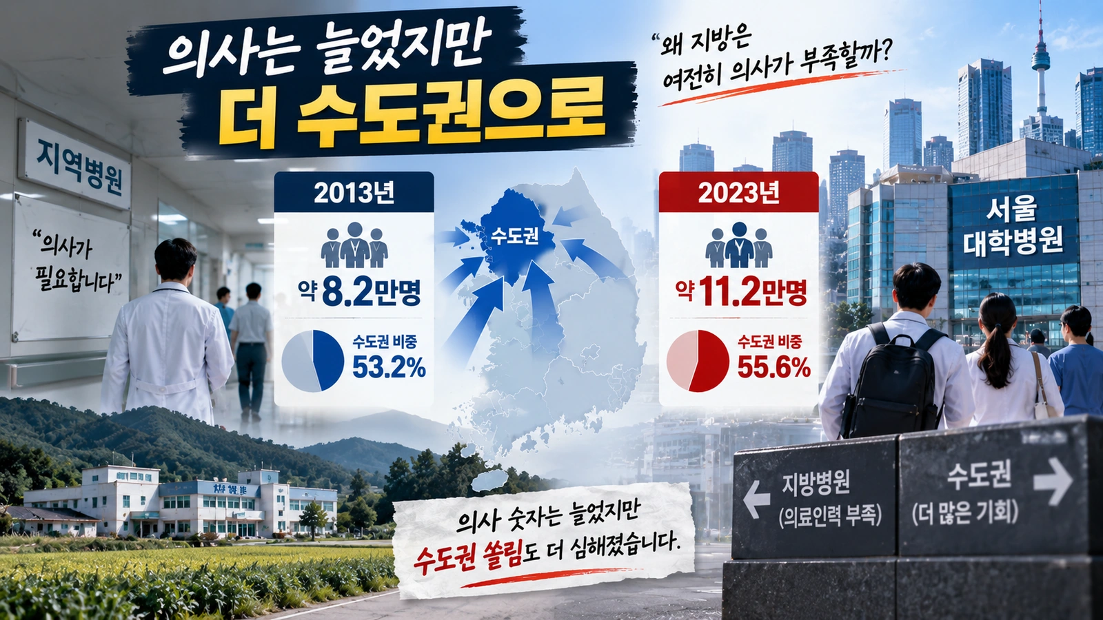 2013년부터 2023년까지 의사 수 증가와 수도권 비중 상승을 함께 보여주는 인포그래픽