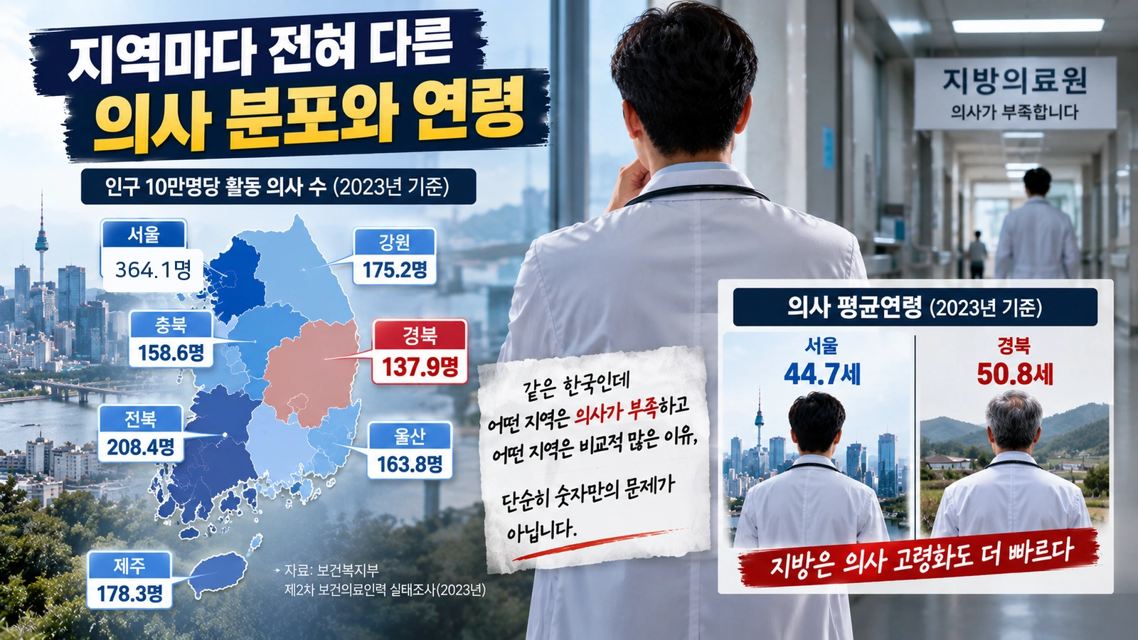 지역별 인구 10만명당 의사 수와 의사 평균 연령 차이를 보여주는 대한민국 지도