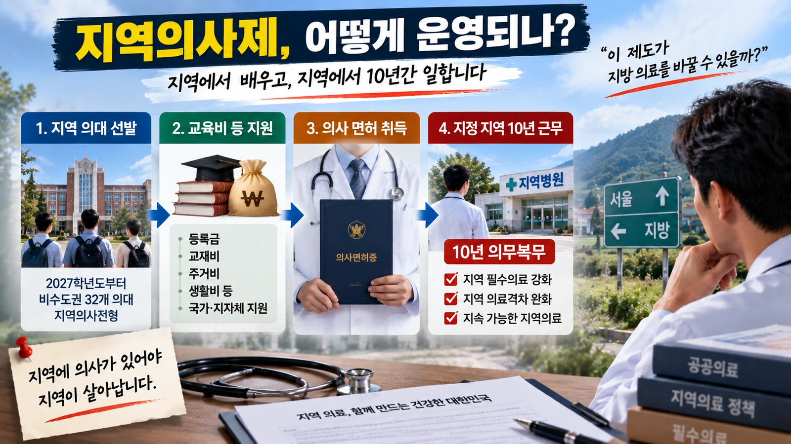 2027학년도 지역의사제의 선발 교육 지원과 지역 의무복무 구조를 설명한 흐름도