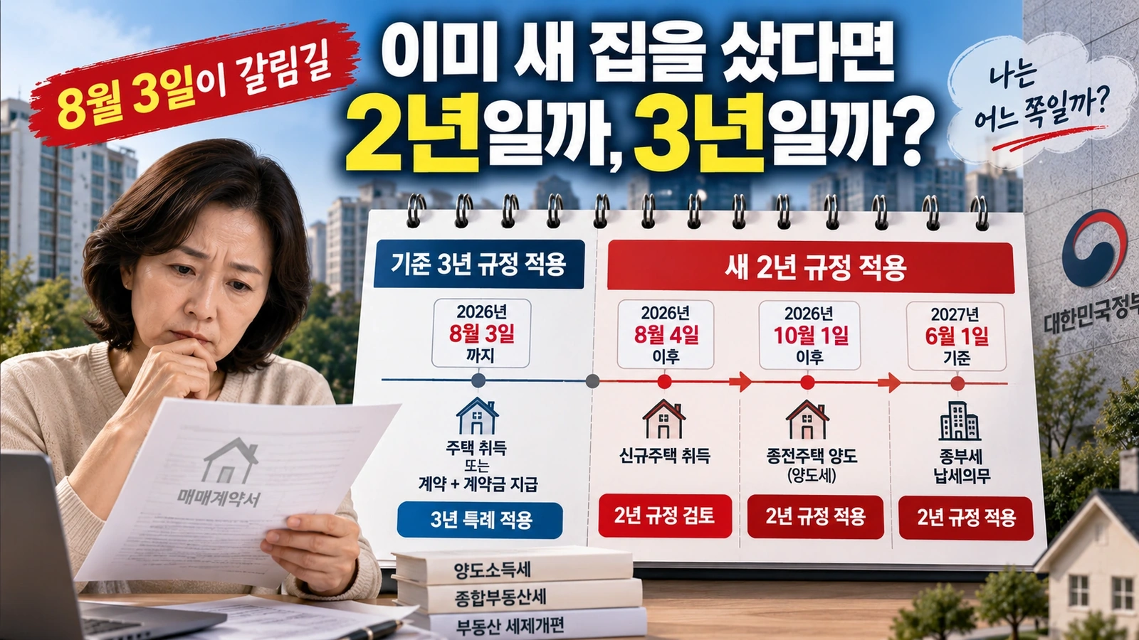 2026년 8월 3일과 10월 1일을 기준으로 일시적 2주택 2년·3년 적용을 구분한 타임라인
