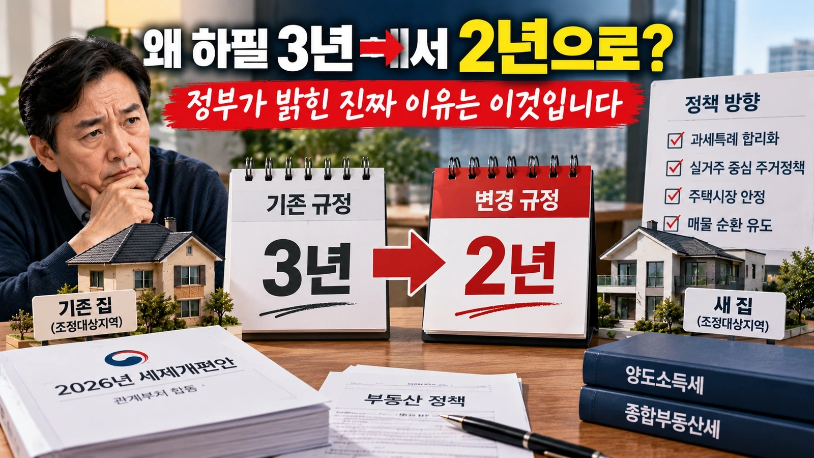 일시적 2주택 특례기간 단축과 2026 부동산 세제개편 방향을 설명한 인포그래픽