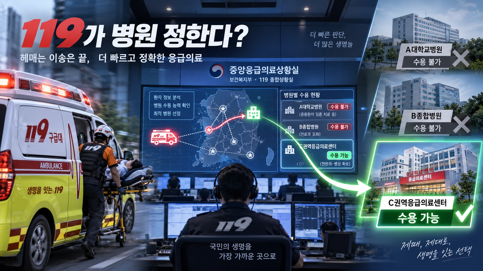 응급환자를 태운 구급차와 여러 병원 사이에서 중앙상황실이 우선수용병원을 지정하는 모습을 표현한 일러스트