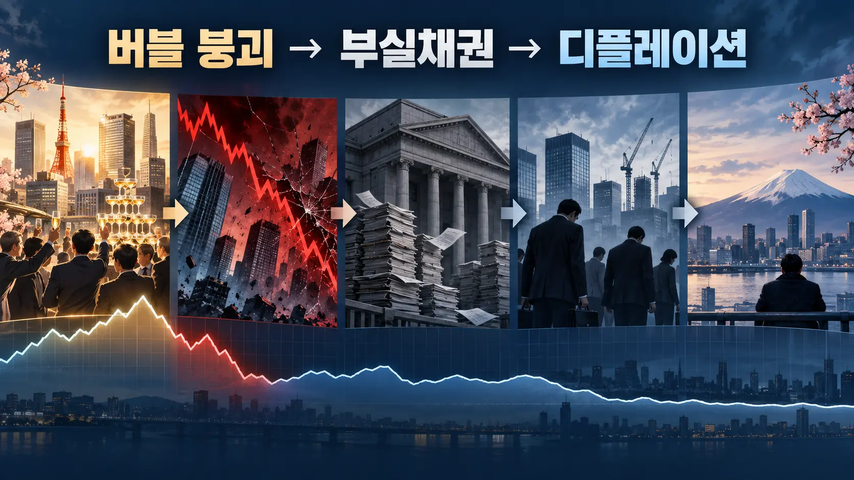 일본 버블경제 붕괴부터 금융위기와 디플레이션으로 이어진 잃어버린 30년의 흐름을 설명한 타임라인