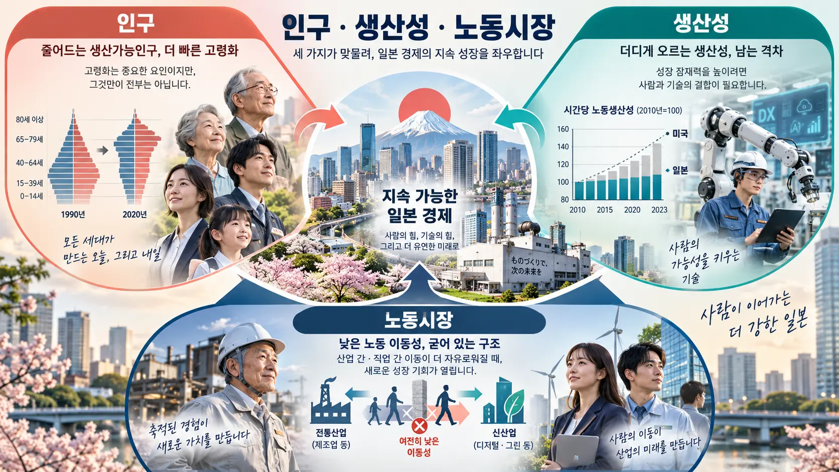 일본 경제의 구조적 과제로 인구 감소 생산성 노동시장 문제를 설명한 인포그래픽