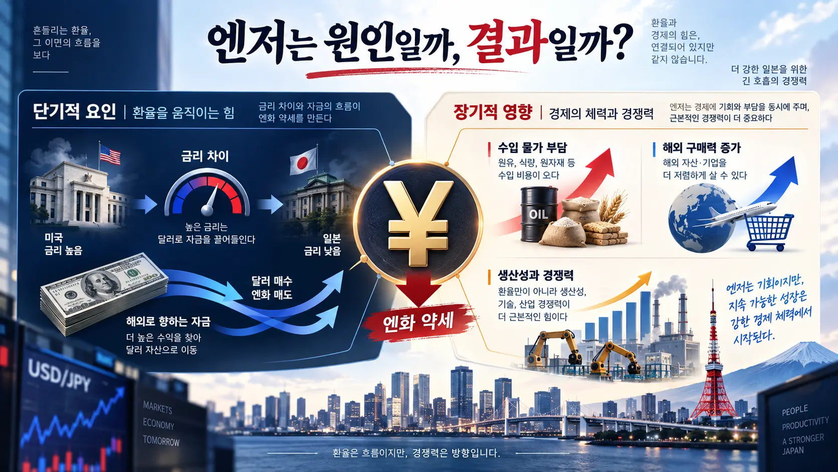 일본의 엔화 약세와 경제 경쟁력의 관계를 원인과 결과로 구분한 인포그래픽