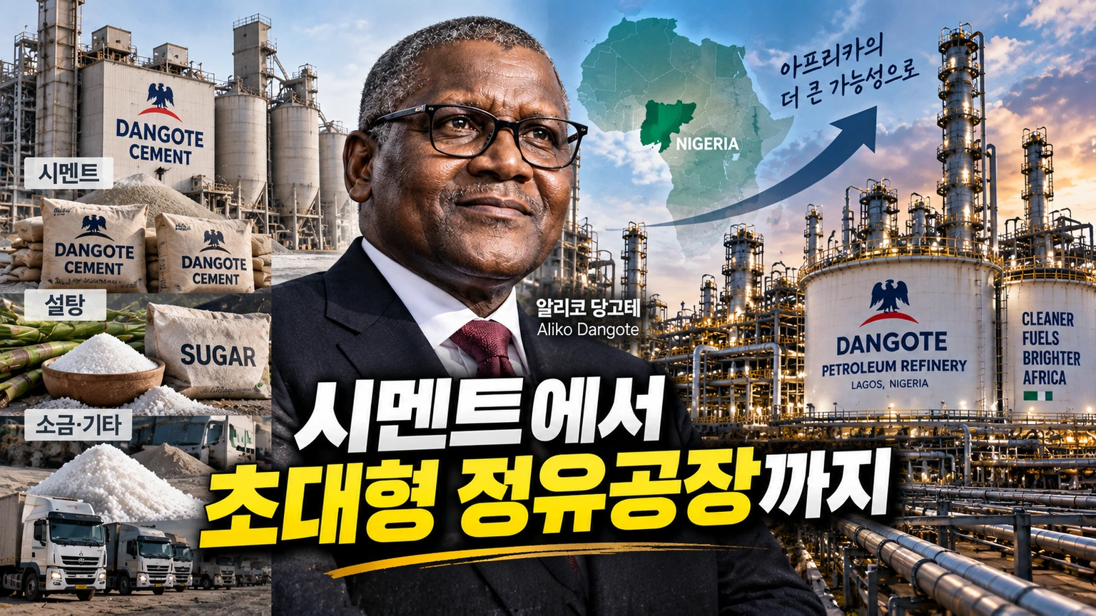 알리코 당고테의 시멘트 사업에서 초대형 정유공장으로 이어진 사업 확장을 보여주는 일러스트