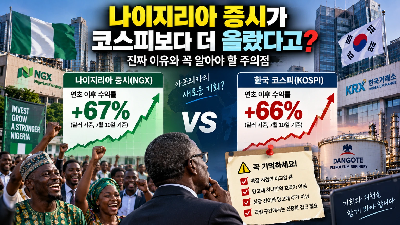 당고테 정유공장 실적 증가와 아직 상장되지 않은 주가를 구분하고 나이지리아 증시와 코스피 수익률을 비교한 이미지