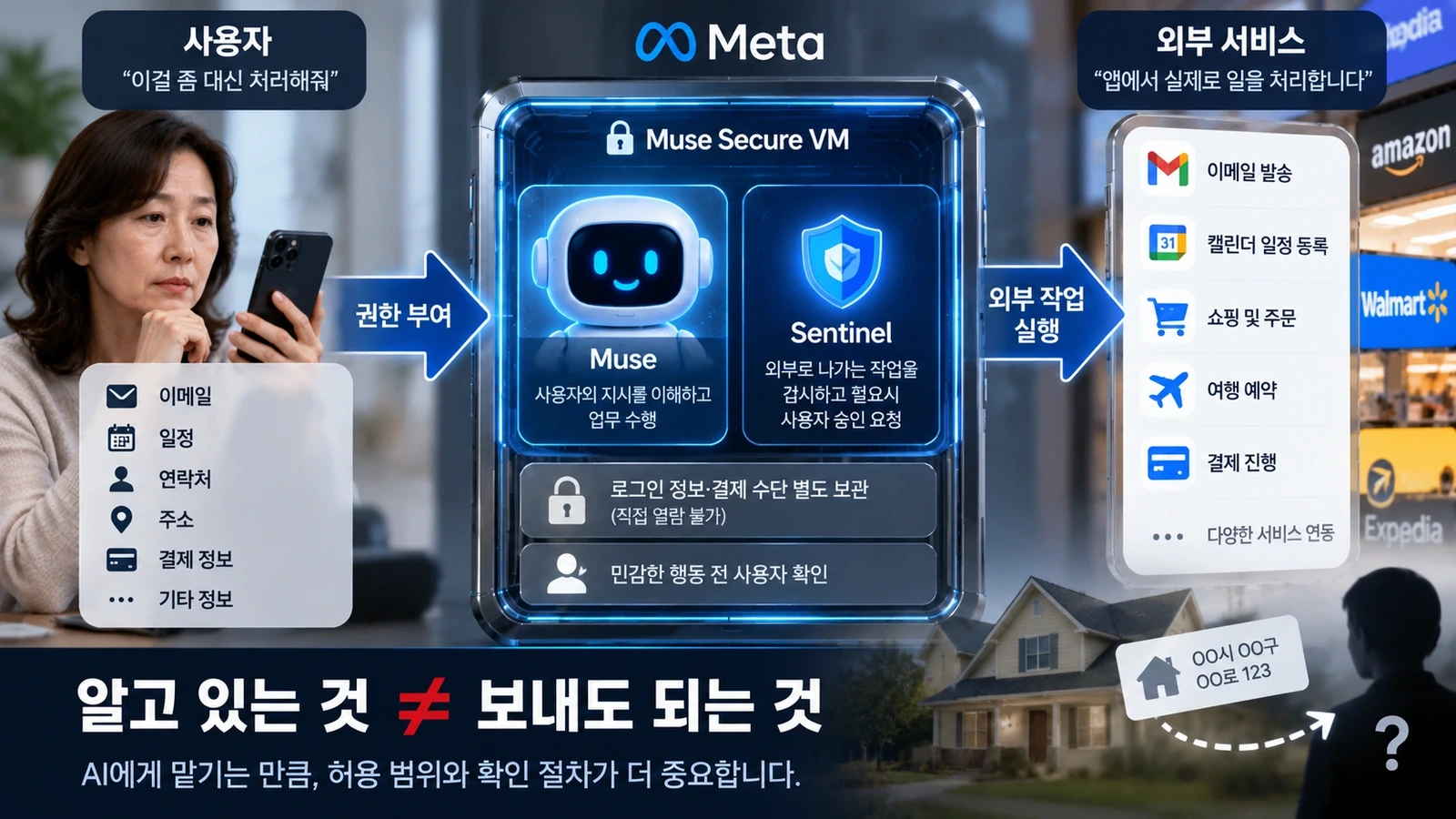 메타 뮤즈의 사용자 권한과 민감정보 승인 단계를 설명한 보안 구조도