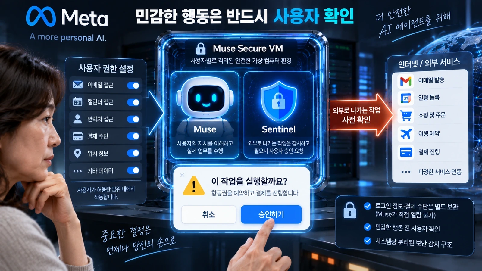 메타가 공개한 Muse Secure VM과 Sentinel 보안 구조를 간단히 보여주는 인포그래픽