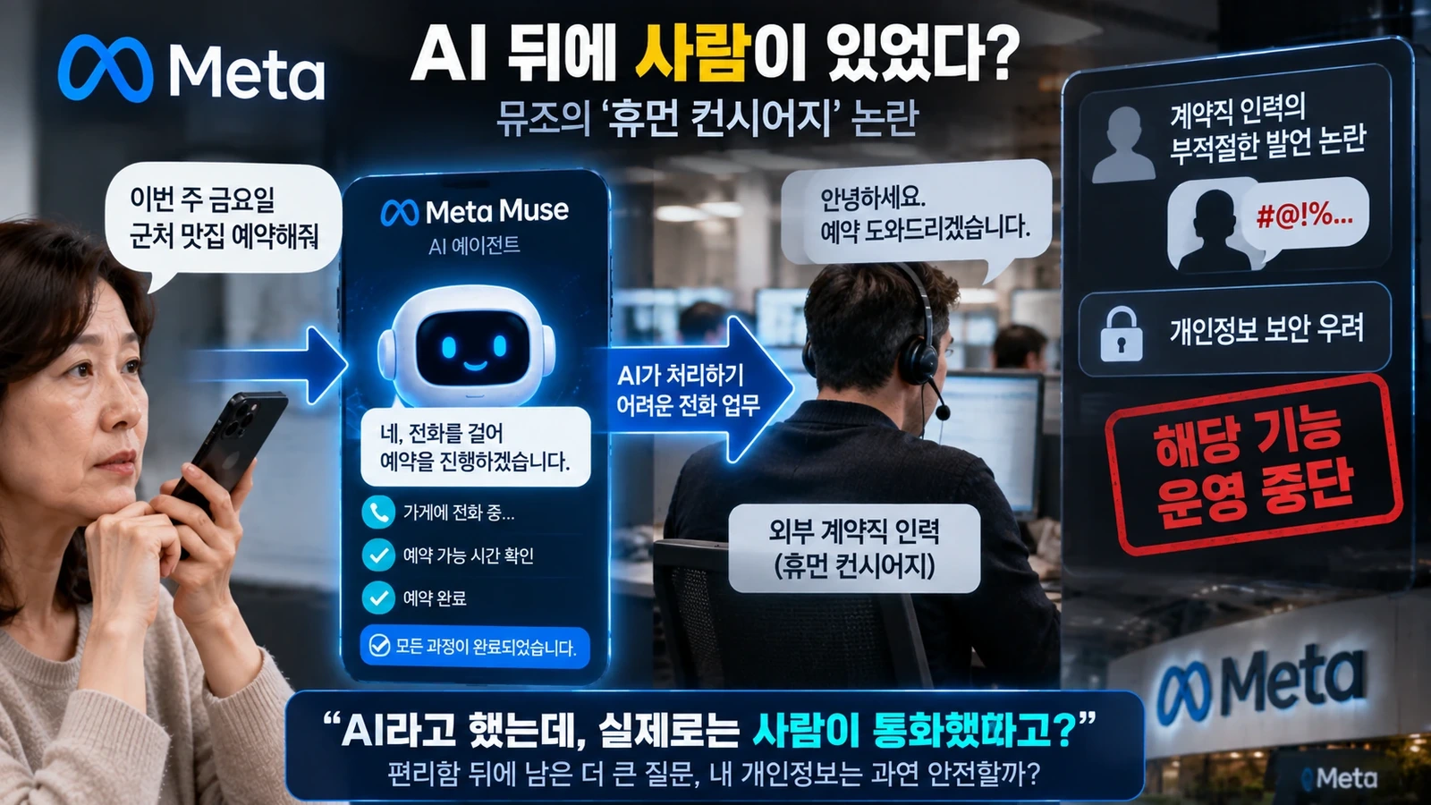 뮤즈의 전화 업무 일부를 외부 계약직 사람이 대신 처리했던 휴먼 컨시어지 시험 구조를 설명한 그림