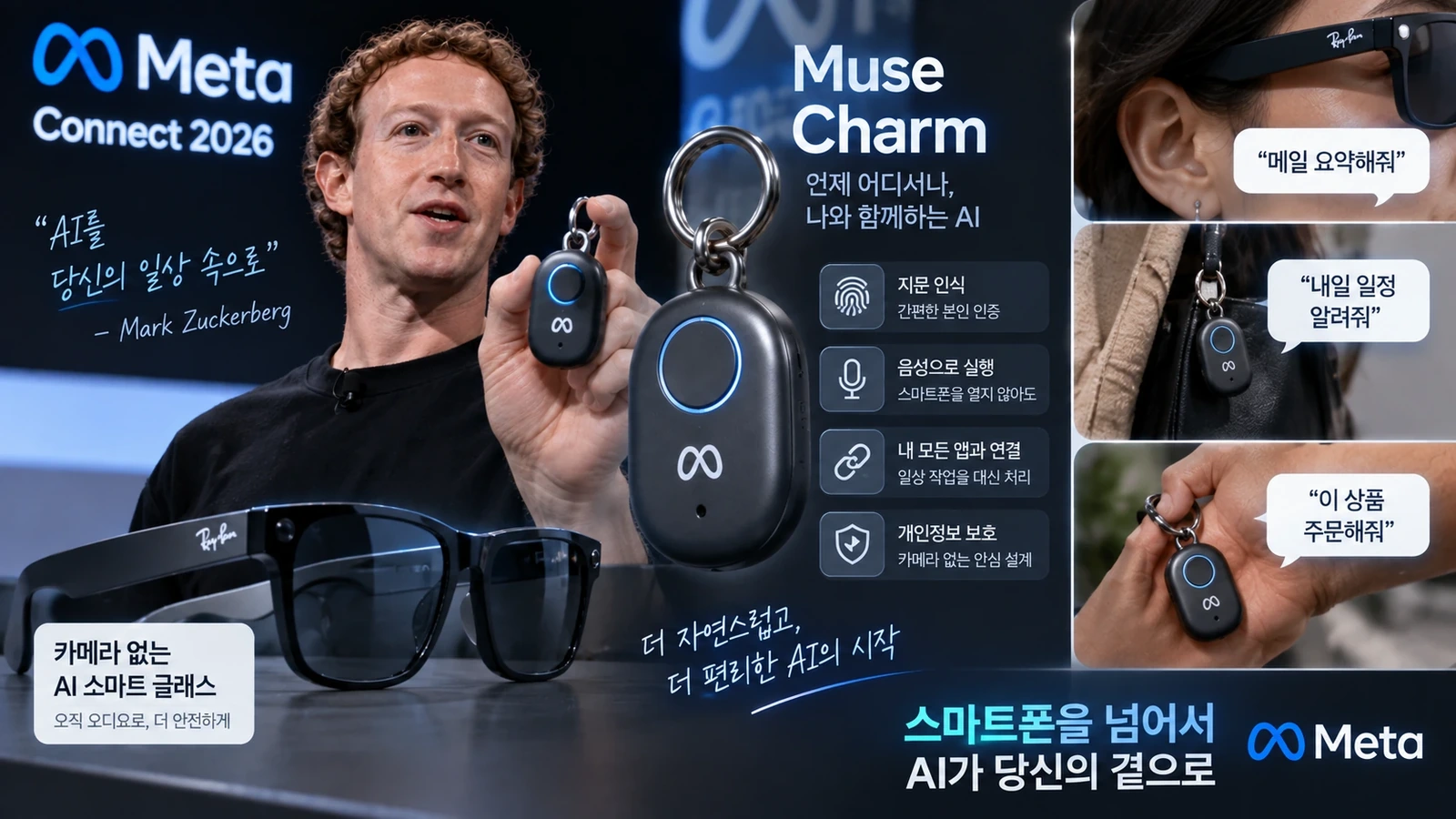 스마트폰과 AI 안경, 소형 Muse Charm으로 확장되는 메타 뮤즈 사용 환경을 보여주는 그림