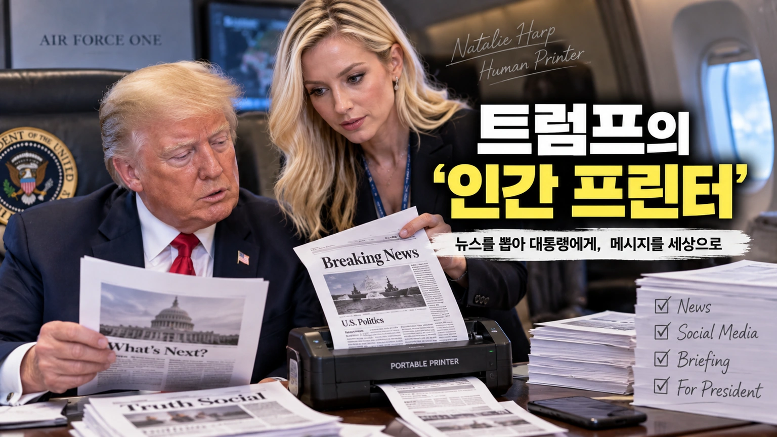 휴대용 프린터로 뉴스를 출력해 트럼프에게 전달하는 나탈리 하프의 역할을 설명한 일러스트