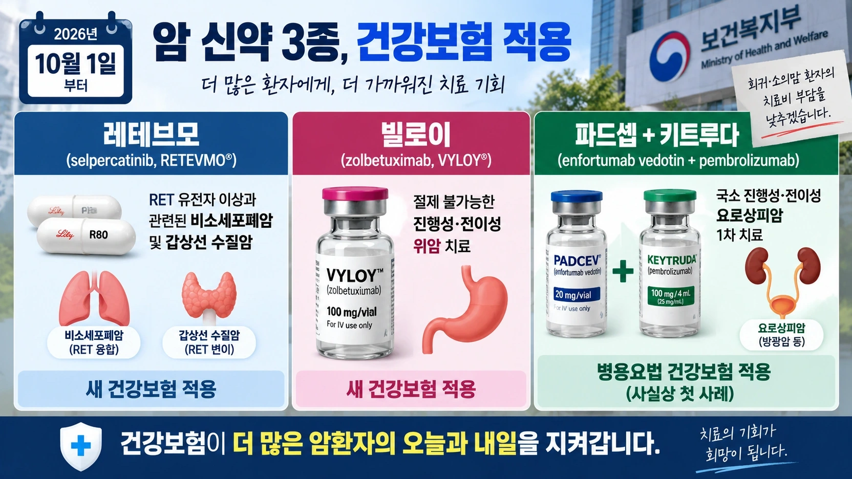레테브모 빌로이 파드셉 키트루다가 어떤 암 치료에 건강보험 적용되는지 정리한 인포그래픽