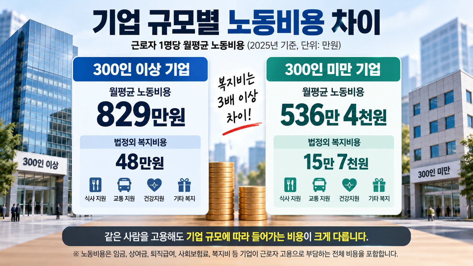 300인 이상과 300인 미만 기업의 노동비용과 복지비 차이를 비교한 그림