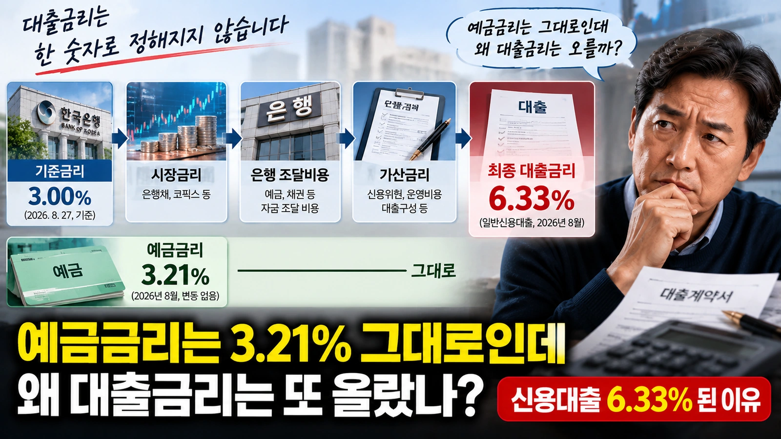 시장금리와 은행 조달비용, 가산금리가 대출금리로 이어지는 구조를 설명한 흐름도
