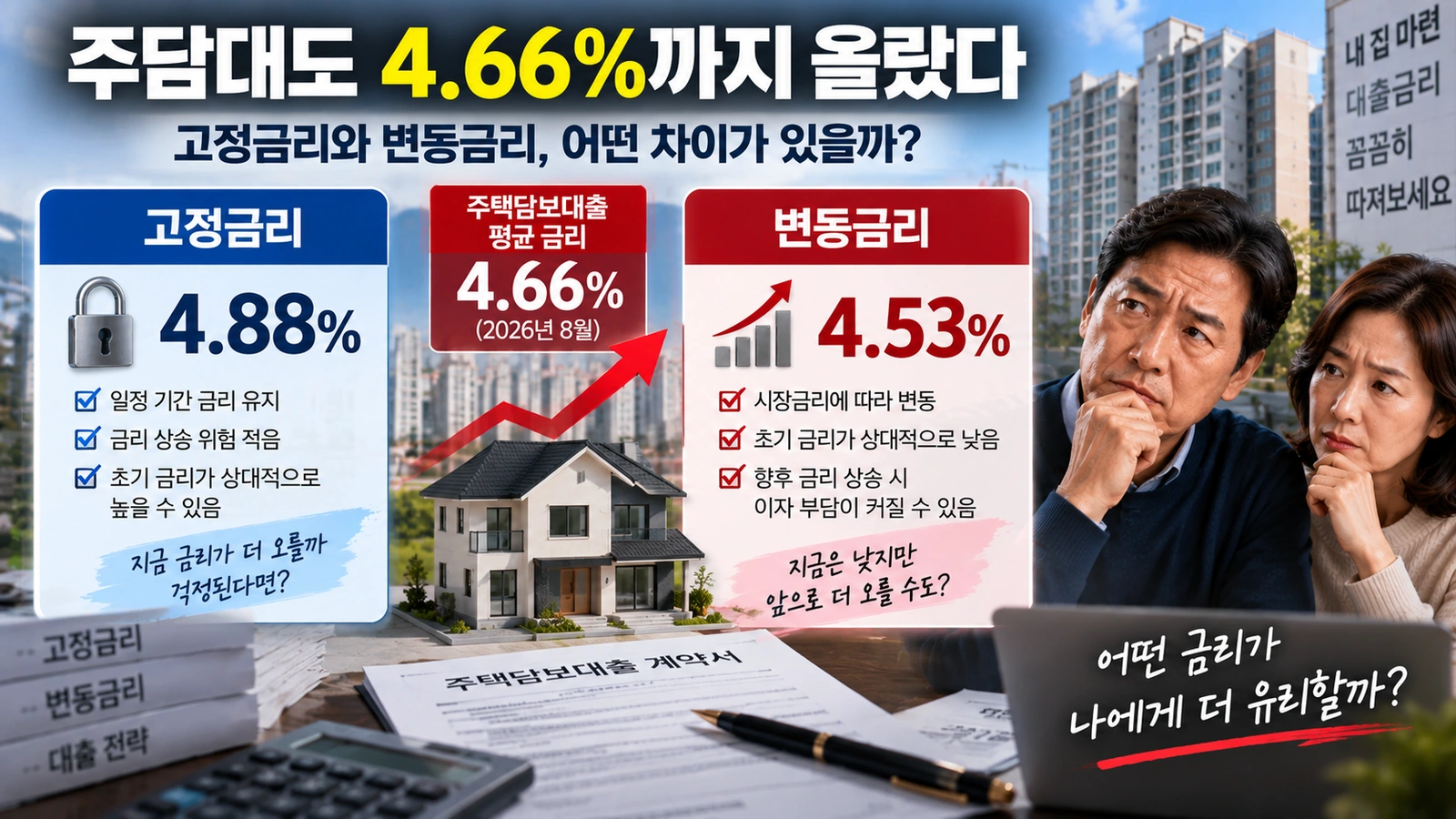 2026년 8월 고정형과 변동형 주택담보대출 금리와 비중을 비교한 인포그래픽